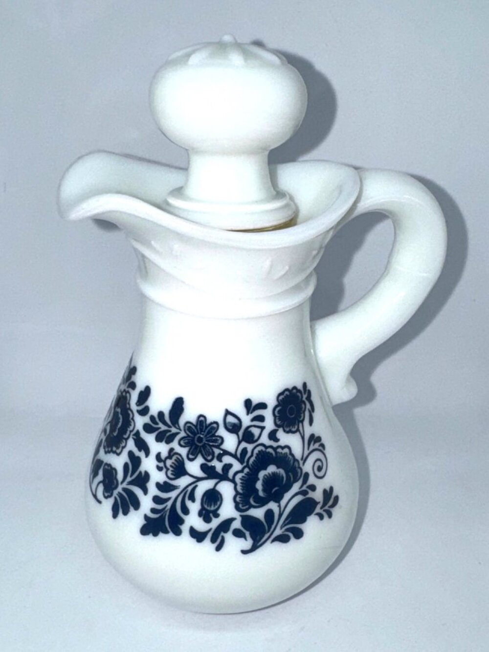 Vintage 1970s Avon Milk Glass Pitcher with Stopper with Deft Blue Floral Pattern - Picture 3 of 8